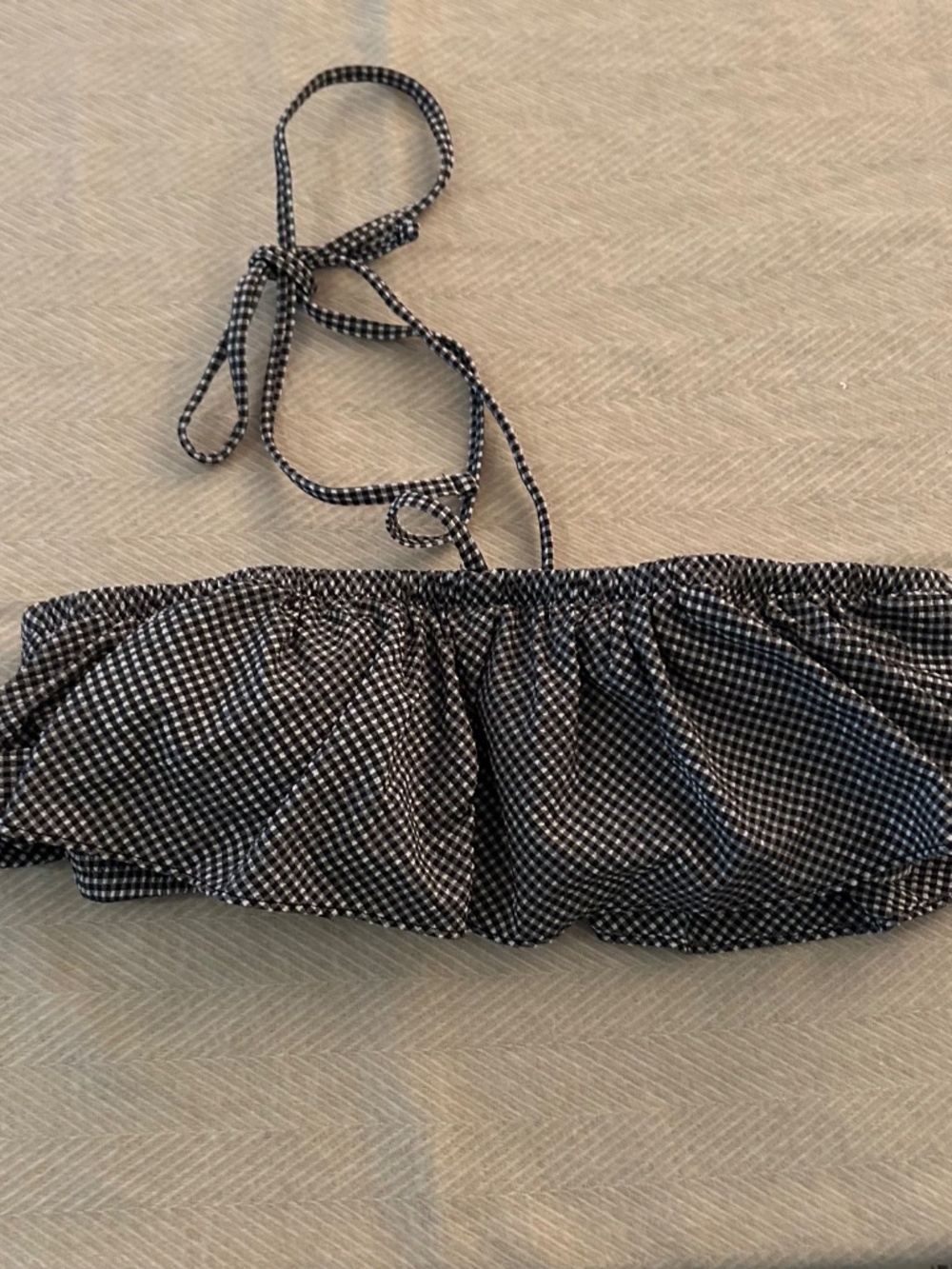 J. Crew Women's Ruffle Bandeau Bikini Top in Tiny Black & White Gingham - NWT